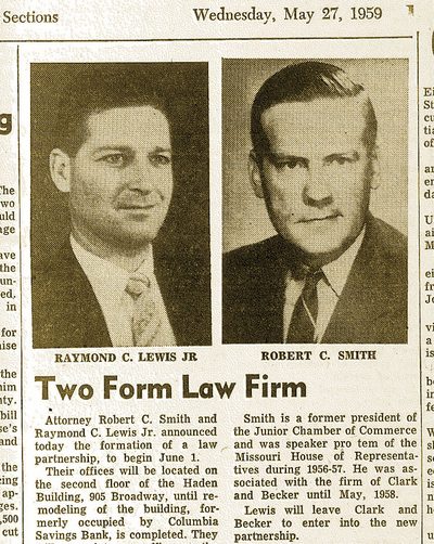 1959 Columbia Missourian newspaper clipping announcing the founding of Smith Lewis, with photos of Robert C. Smith and Raymond C. Lewis, Jr.